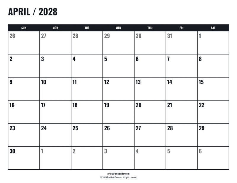 April 2028 Calendar — Tall workspace — US Letter · Landscape · Sunday start