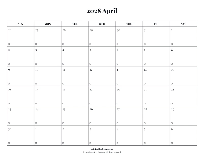 April 2028 Calendar — Editorial checklist — US Letter · Landscape · Sunday start
