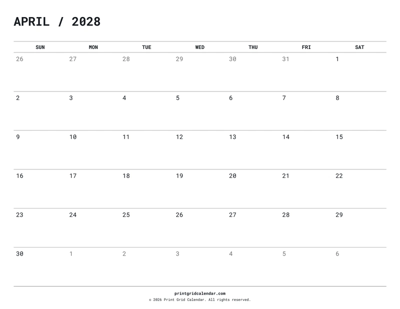 April 2028 Calendar — Quiet minimal — US Letter · Landscape · Sunday start