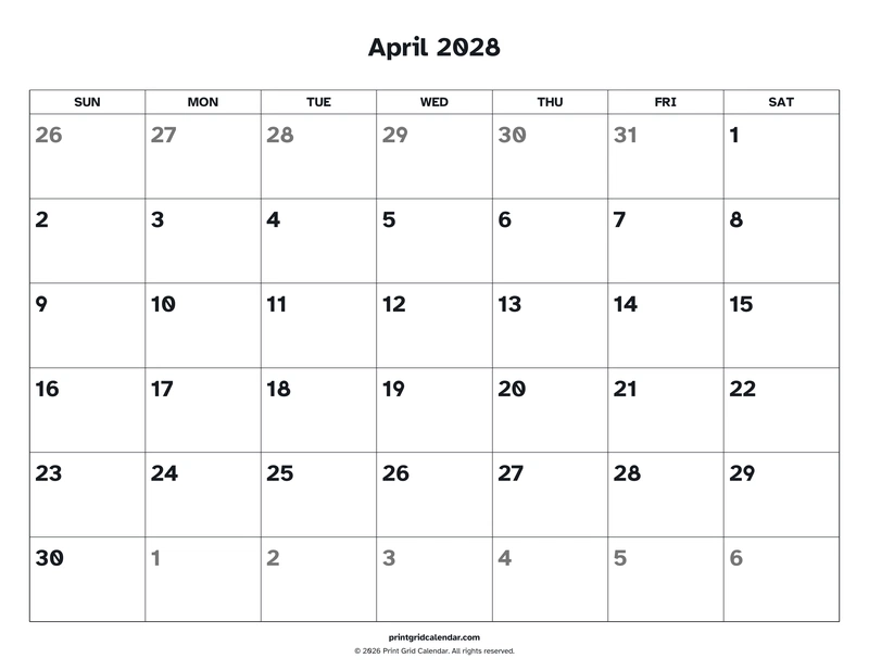April 2028 Calendar — Easy read — US Letter · Landscape · Sunday start