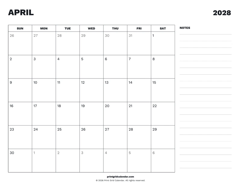 April 2028 Calendar — Desk notes — US Letter · Landscape · Sunday start