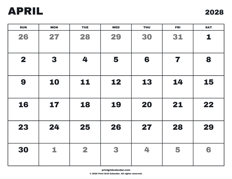 April 2028 Calendar — Big statement — US Letter · Landscape · Sunday start