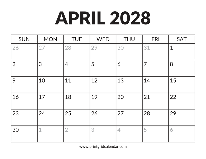 April 2028 Calendar — Bold Display — US Letter · Landscape · Sunday start