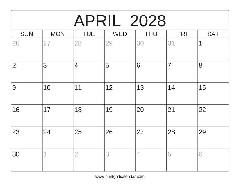 April 2028 Calendar — Classic Frame — US Letter · Landscape · Sunday start