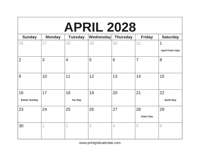 April 2028 Calendar — US Holidays & Observances — US Letter · Landscape · Sunday start