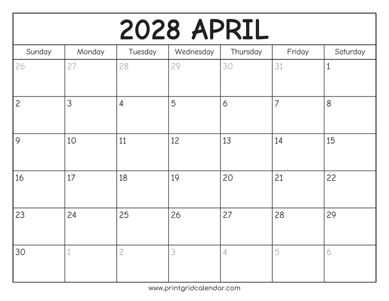 April 2028 Calendar — Rounded Outline — US Letter · Landscape · Sunday start
