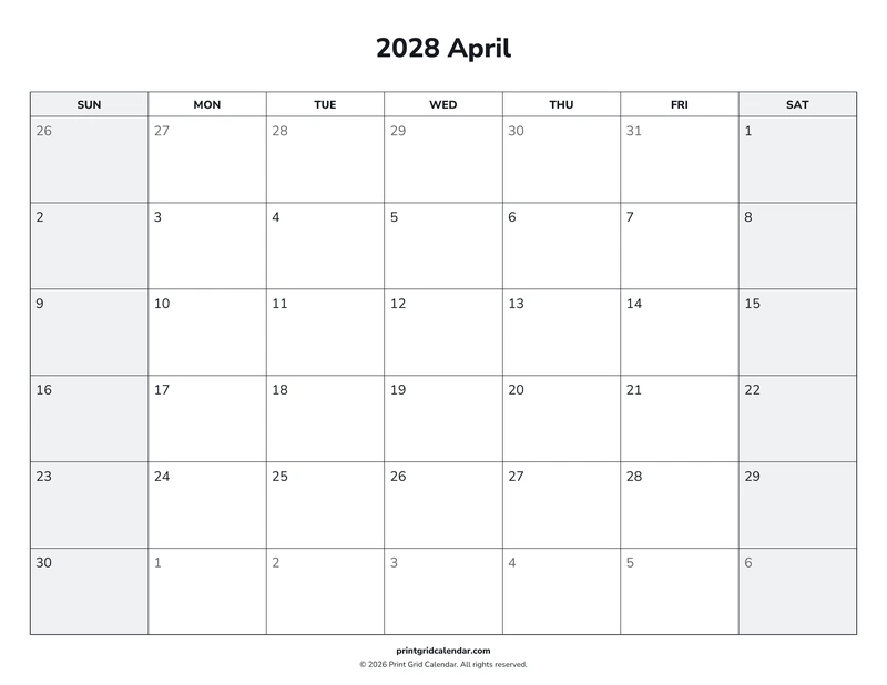 April 2028 Calendar — Weekend rhythm — US Letter · Landscape · Sunday start
