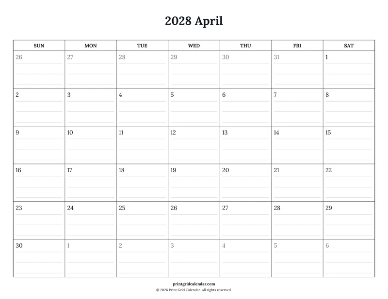 April 2028 Calendar — Ruled journal — US Letter · Landscape · Sunday start