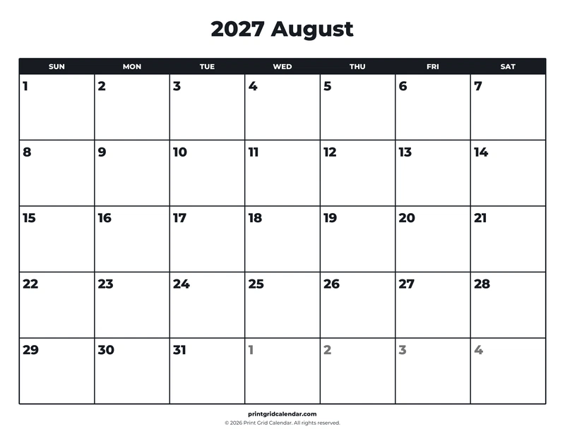 August 2027 Calendar — Bold essentials — US Letter · Landscape · Sunday start
