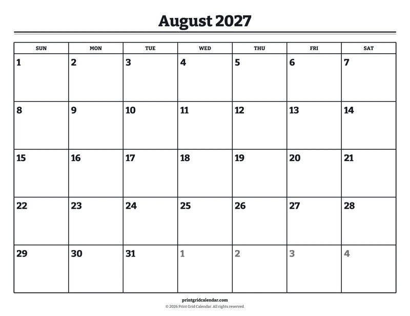 August 2027 Calendar — Bookish bold — US Letter · Landscape · Sunday start
