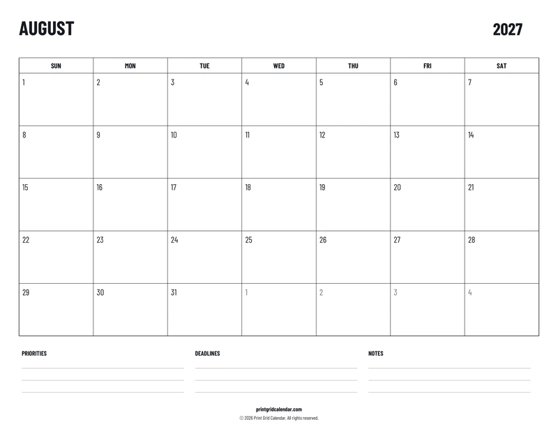 August 2027 Calendar — Plans below — US Letter · Landscape · Sunday start