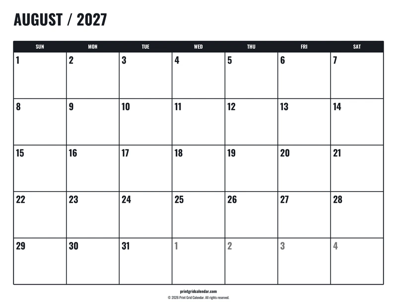 August 2027 Calendar — Tall workspace — US Letter · Landscape · Sunday start