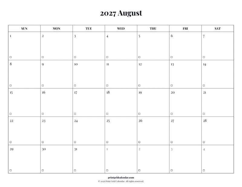 August 2027 Calendar — Editorial checklist — US Letter · Landscape · Sunday start