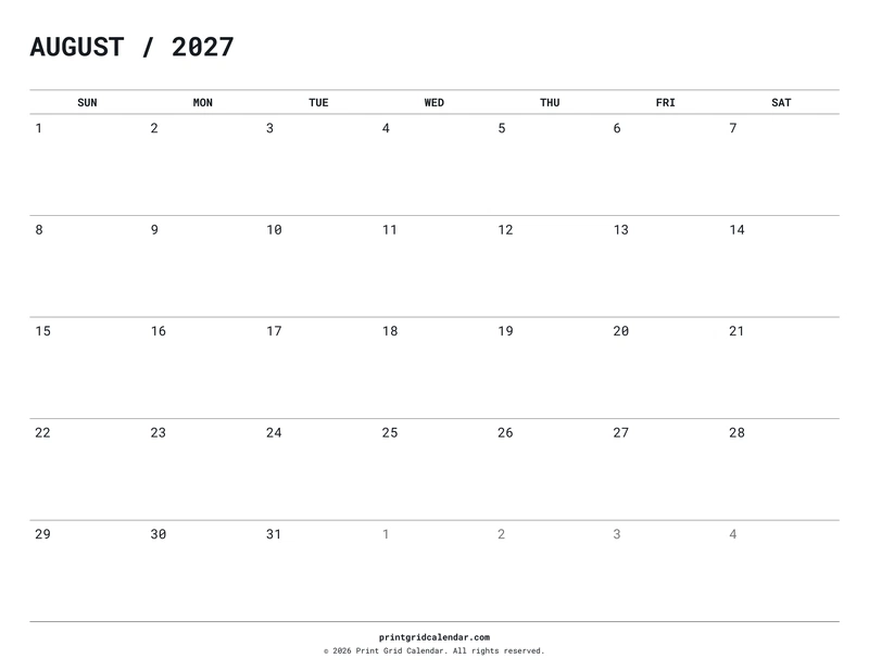 August 2027 Calendar — Quiet minimal — US Letter · Landscape · Sunday start