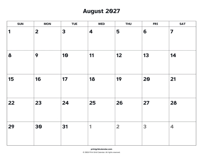 August 2027 Calendar — Easy read — US Letter · Landscape · Sunday start