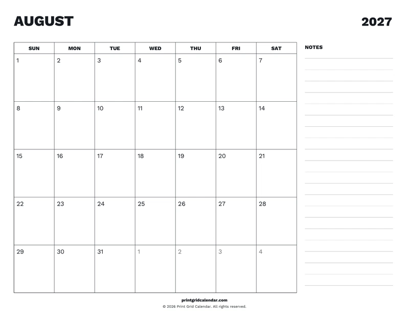 August 2027 Calendar — Desk notes — US Letter · Landscape · Sunday start