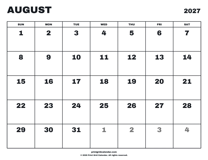 August 2027 Calendar — Big statement — US Letter · Landscape · Sunday start