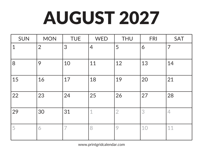 August 2027 Calendar — Bold Display — US Letter · Landscape · Sunday start