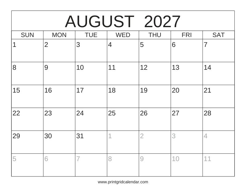August 2027 Calendar — Classic Frame — US Letter · Landscape · Sunday start