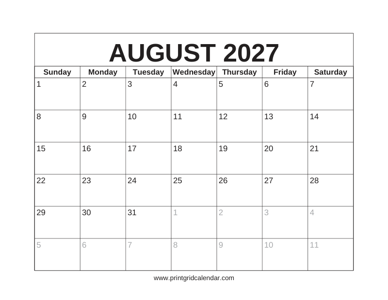 August 2027 Calendar — US Holidays & Observances — US Letter · Landscape · Sunday start