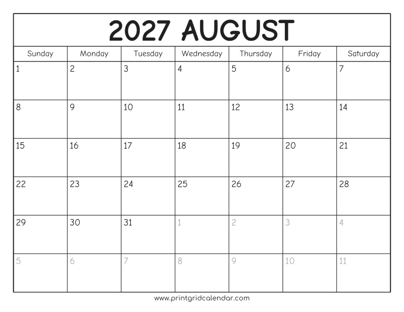 August 2027 Calendar — Rounded Outline — US Letter · Landscape · Sunday start