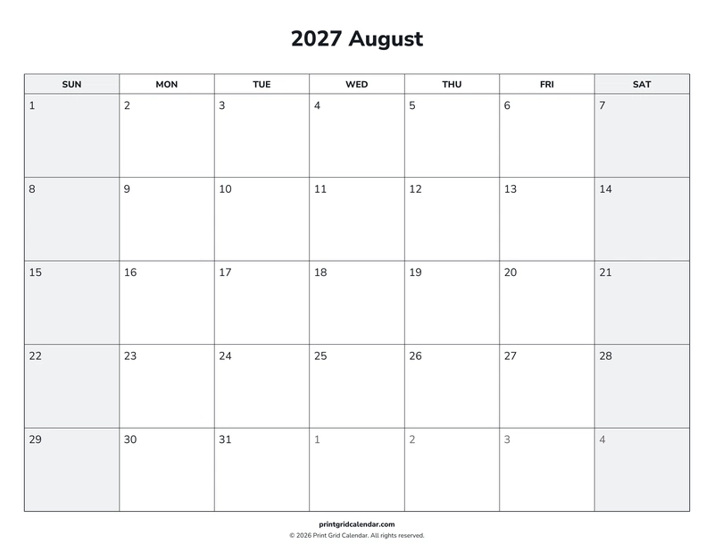 August 2027 Calendar — Weekend rhythm — US Letter · Landscape · Sunday start
