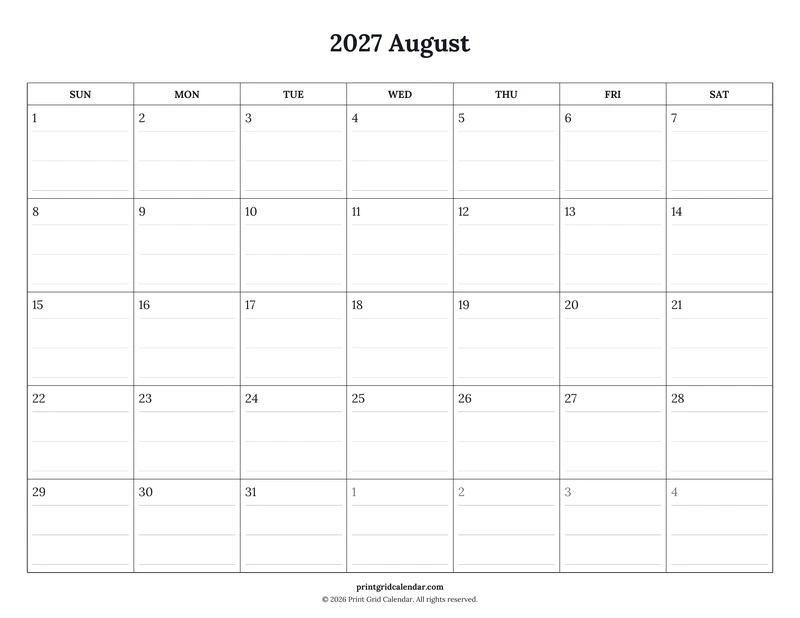 August 2027 Calendar — Ruled journal — US Letter · Landscape · Sunday start