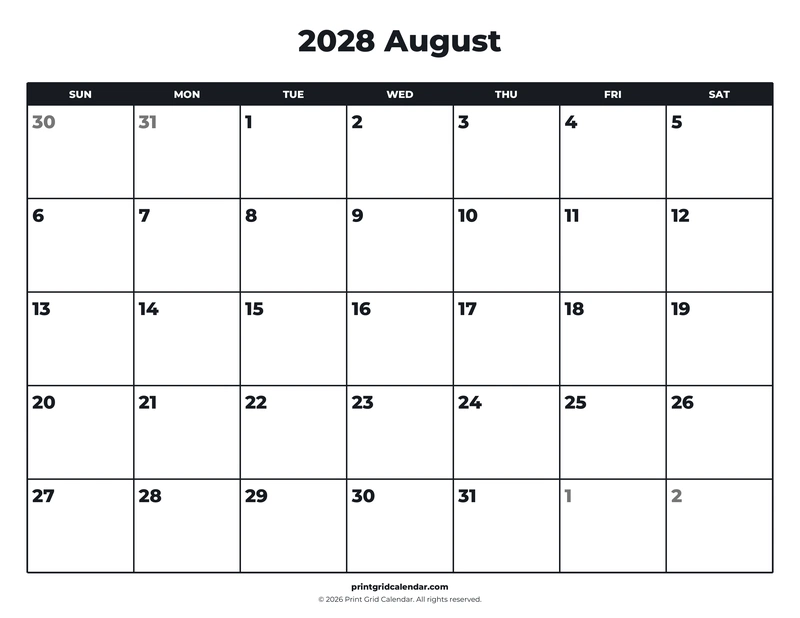 August 2028 Calendar — Bold essentials — US Letter · Landscape · Sunday start