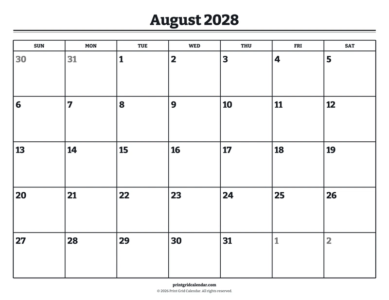 August 2028 Calendar — Bookish bold — US Letter · Landscape · Sunday start