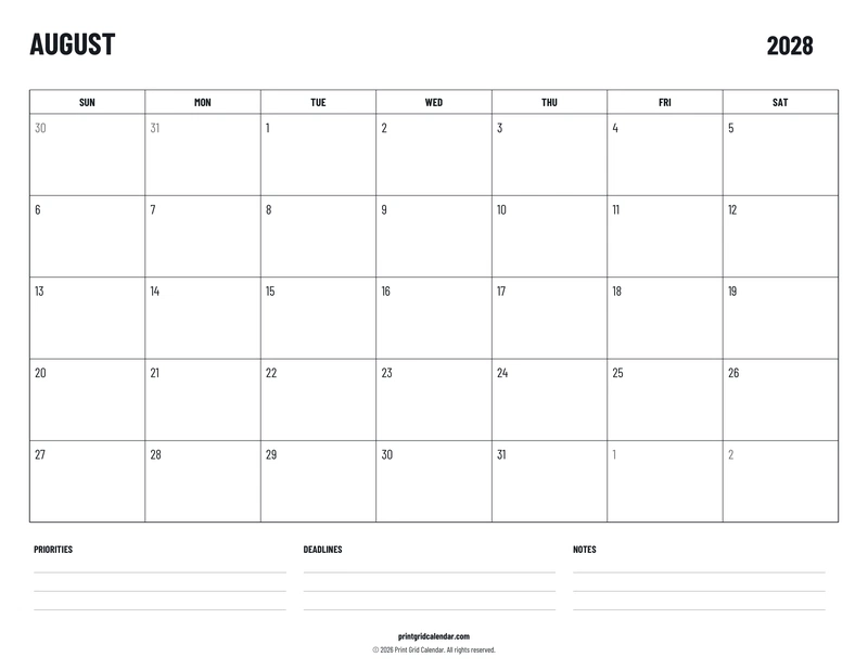 August 2028 Calendar — Plans below — US Letter · Landscape · Sunday start