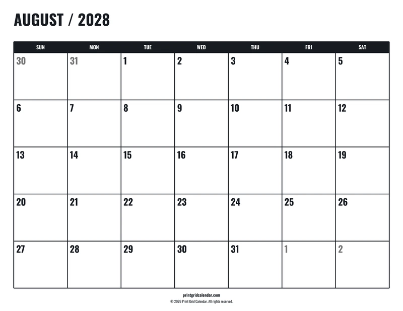 August 2028 Calendar — Tall workspace — US Letter · Landscape · Sunday start