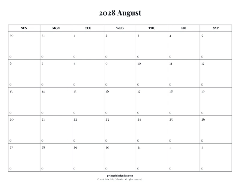 August 2028 Calendar — Editorial checklist — US Letter · Landscape · Sunday start