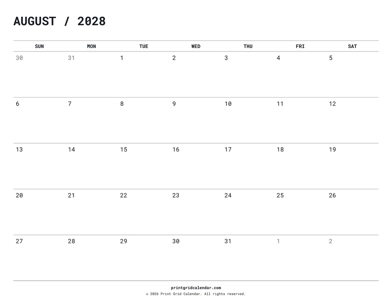 August 2028 Calendar — Quiet minimal — US Letter · Landscape · Sunday start