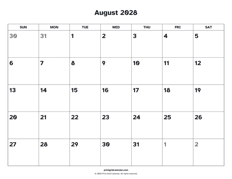August 2028 Calendar — Easy read — US Letter · Landscape · Sunday start