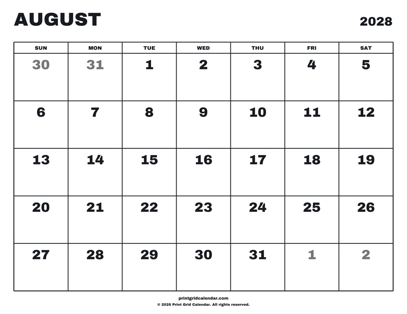 August 2028 Calendar — Big statement — US Letter · Landscape · Sunday start