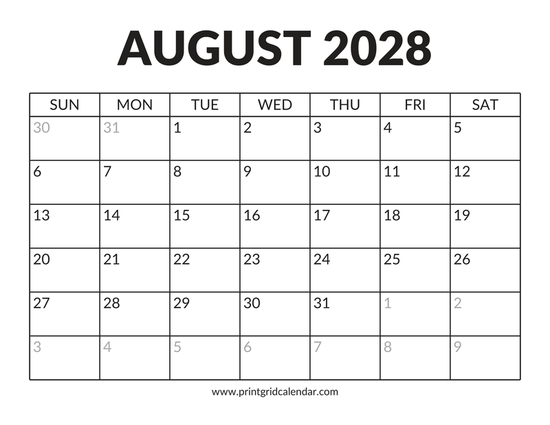 August 2028 Calendar — Bold Display — US Letter · Landscape · Sunday start