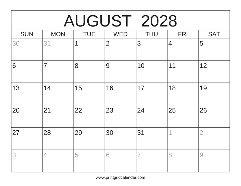 August 2028 Calendar — Classic Frame — US Letter · Landscape · Sunday start