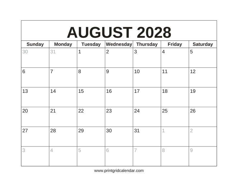 August 2028 Calendar — US Holidays & Observances — US Letter · Landscape · Sunday start