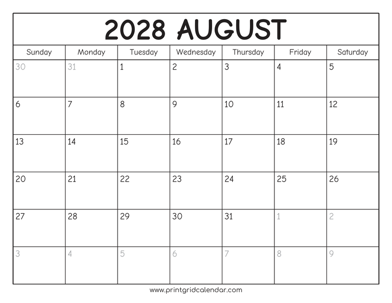 August 2028 Calendar — Rounded Outline — US Letter · Landscape · Sunday start