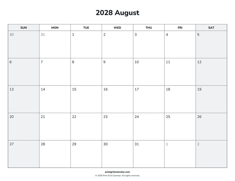 August 2028 Calendar — Weekend rhythm — US Letter · Landscape · Sunday start