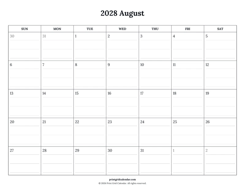 August 2028 Calendar — Ruled journal — US Letter · Landscape · Sunday start