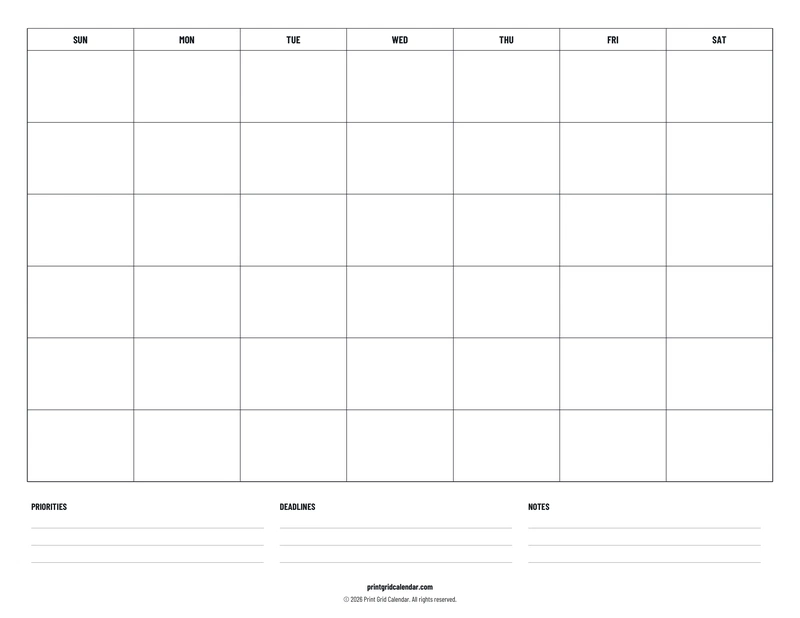 Blank Calendar — Plans below — US Letter · Landscape · Sunday start