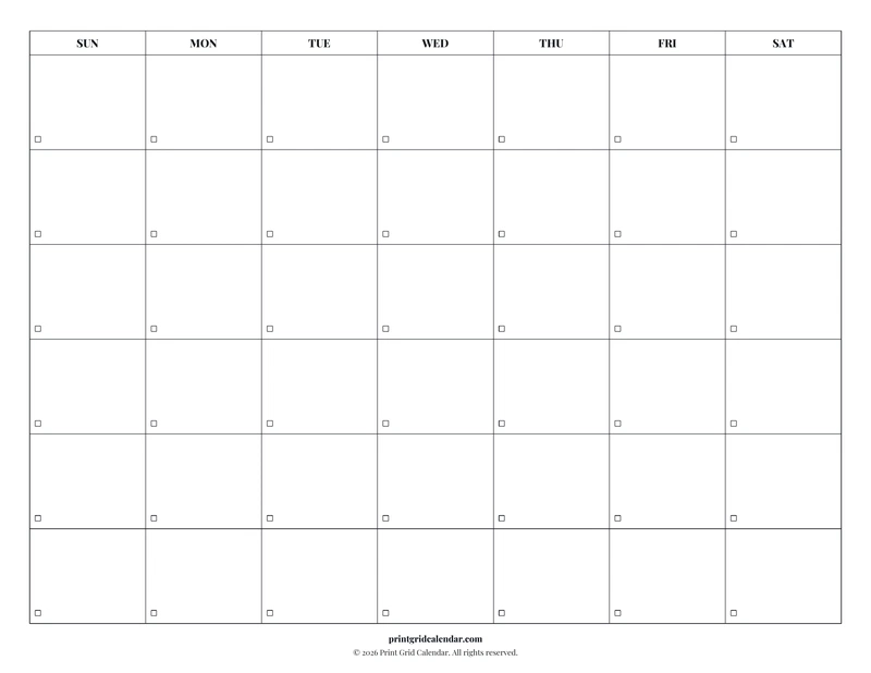 Blank Calendar — Editorial checklist — US Letter · Landscape · Sunday start
