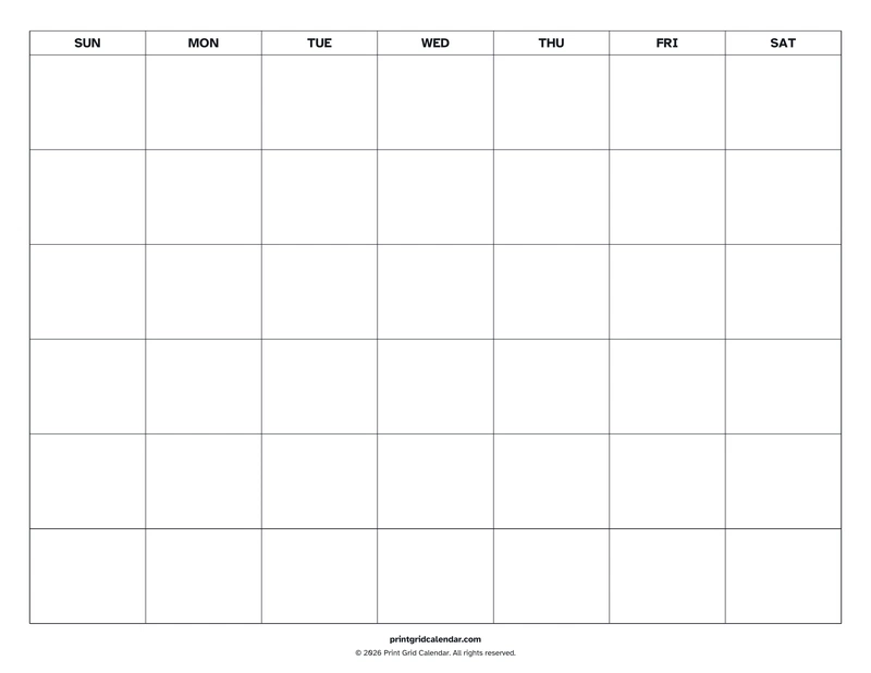 Blank Calendar — Easy read — US Letter · Landscape · Sunday start