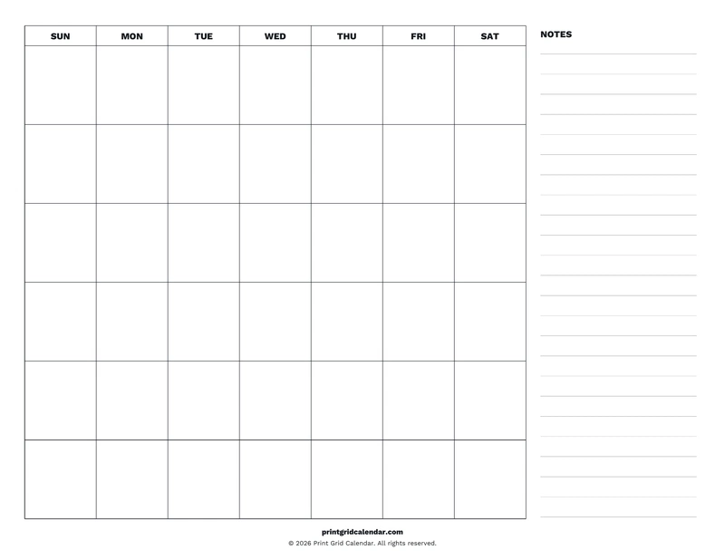 Blank Calendar — Desk notes — US Letter · Landscape · Sunday start