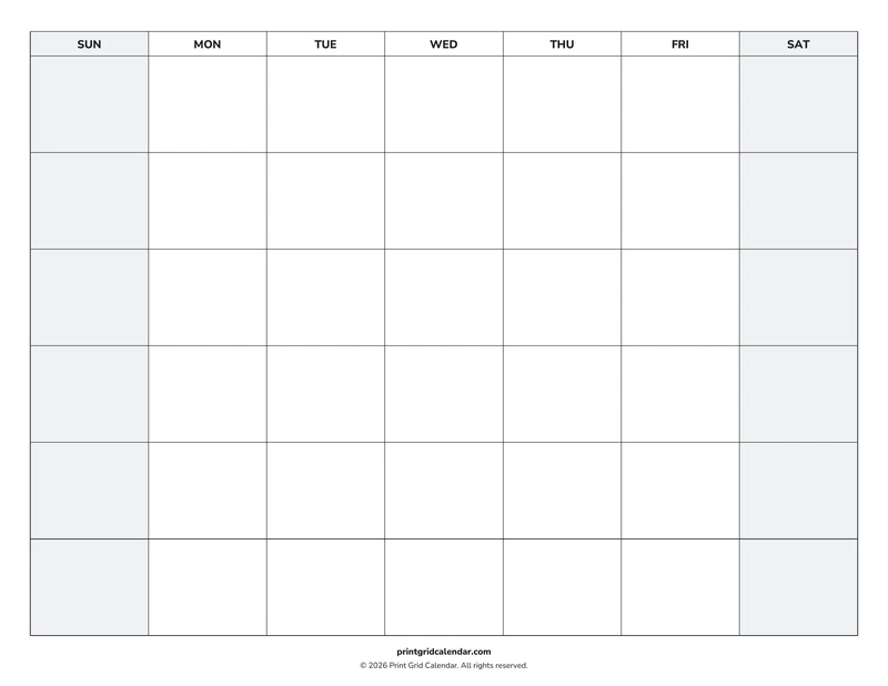 Blank Calendar — Weekend rhythm — US Letter · Landscape · Sunday start