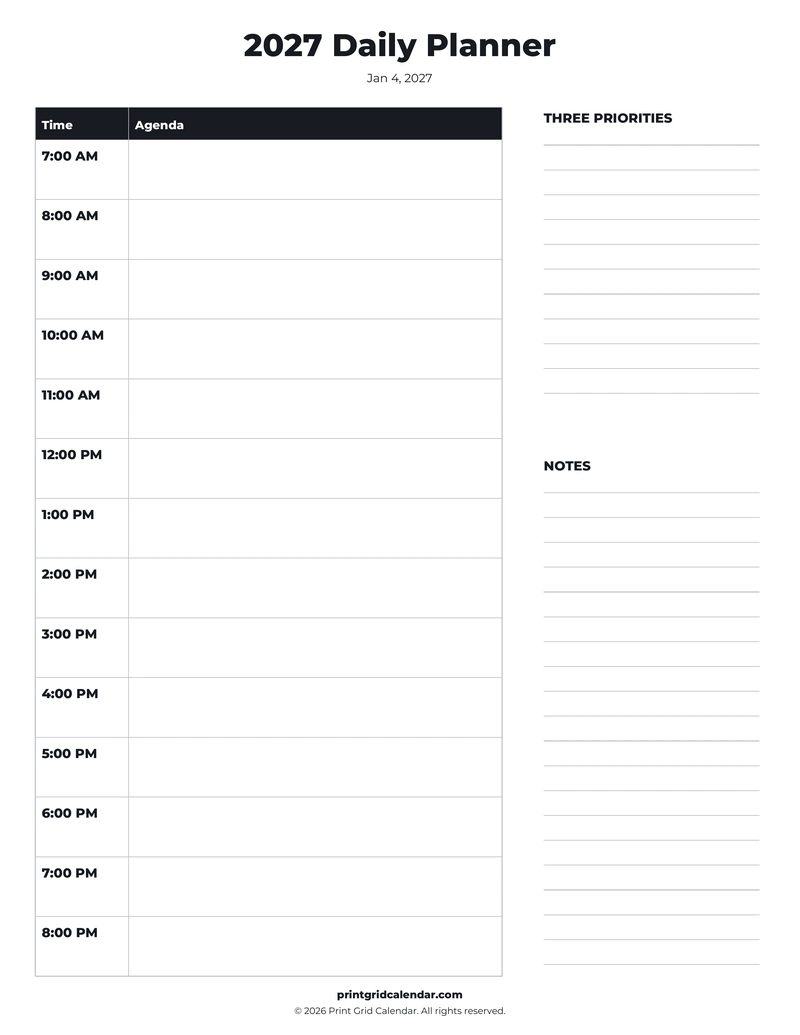 Daily Planner — Bold essentials — US Letter · Portrait · Monday start