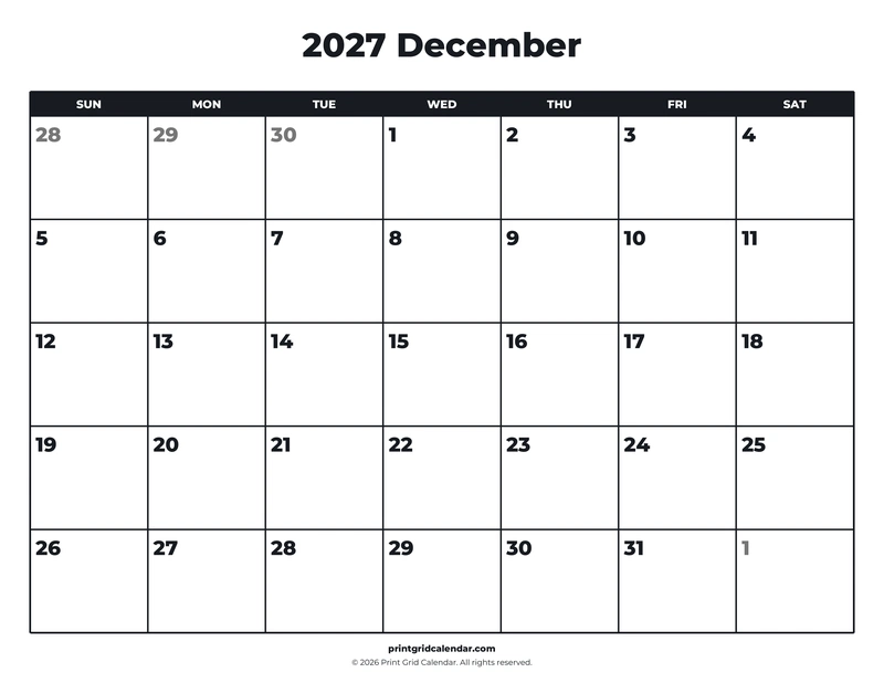 December 2027 Calendar — Bold essentials — US Letter · Landscape · Sunday start