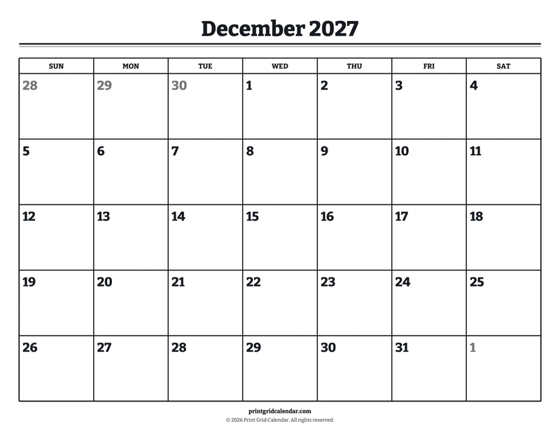 December 2027 Calendar — Bookish bold — US Letter · Landscape · Sunday start