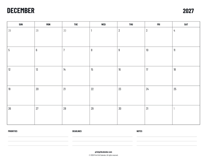 December 2027 Calendar — Plans below — US Letter · Landscape · Sunday start